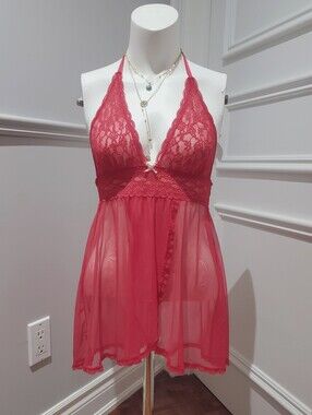 Victoria's Secret Sheer Lace Halter Babydoll Night Slip dress In Coral Magenta